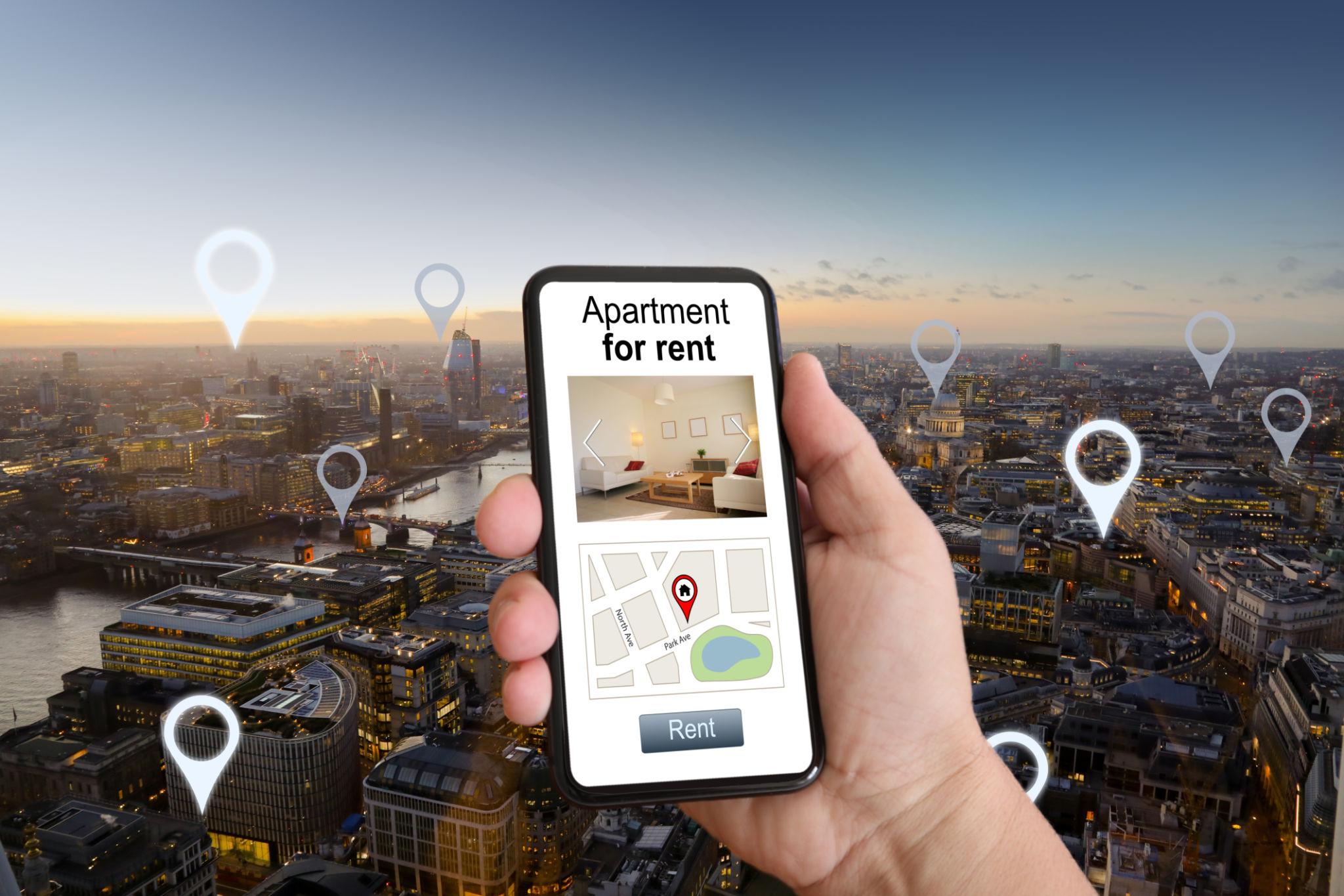 Rentrm mobile app screens showing rental search and property details